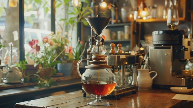 une cafetière à siphon sur un comptoir en bois à l'intérieur d'un café confortable, avec divers équipements de café et des plantes en pot en arrière plan.