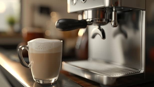 une tasse en verre remplie de café mousseux est posée sur un comptoir à côté d'une machine à expresso en acier inoxydable.