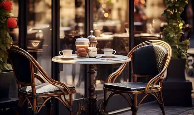 une petite table ronde avec deux chaises en osier dans un café en plein air, avec des tasses à café, une théière, un croissant et un pot de confiture au milieu d'un arrière plan flou composé de davantage de sièges et de verdure.