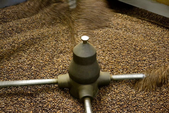 grains de café torréfiés dans un tambour rotatif avec des bras métalliques répartissant les grains uniformément.