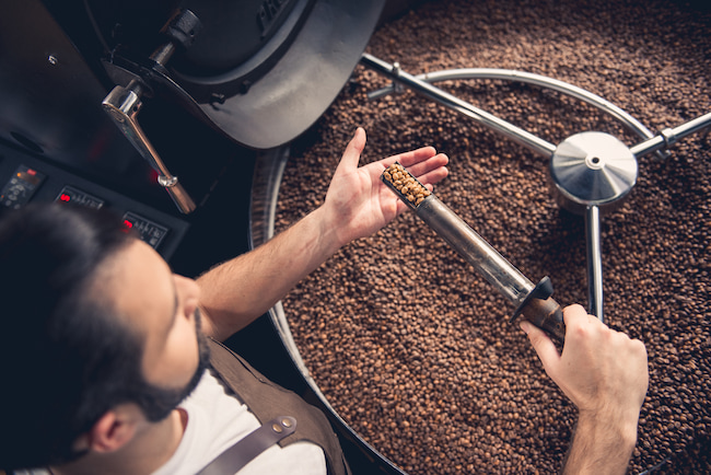 une personne examine les grains de café d'une machine à torréfier, avec un grand lot de grains visible en arrière plan.