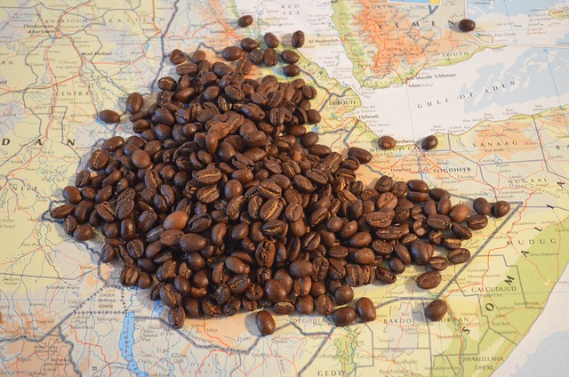 un tas de grains de café torréfiés se trouve sur une carte du monde, couvrant des parties du moyen orient et de l'afrique.